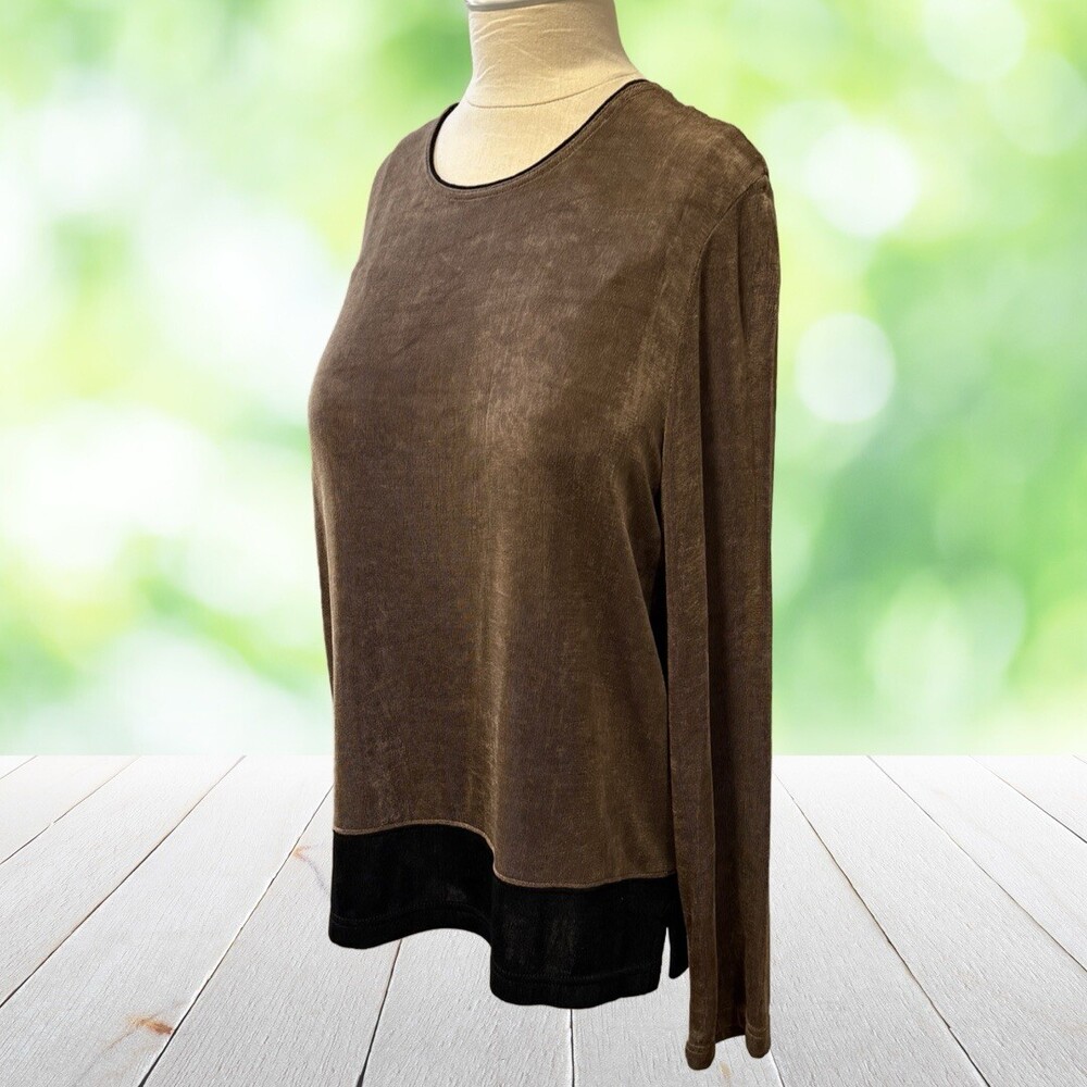 New Vtg MARK SINGER Travel Knit Tunic Top Slinky Colorblock Brown Black USA Sz L